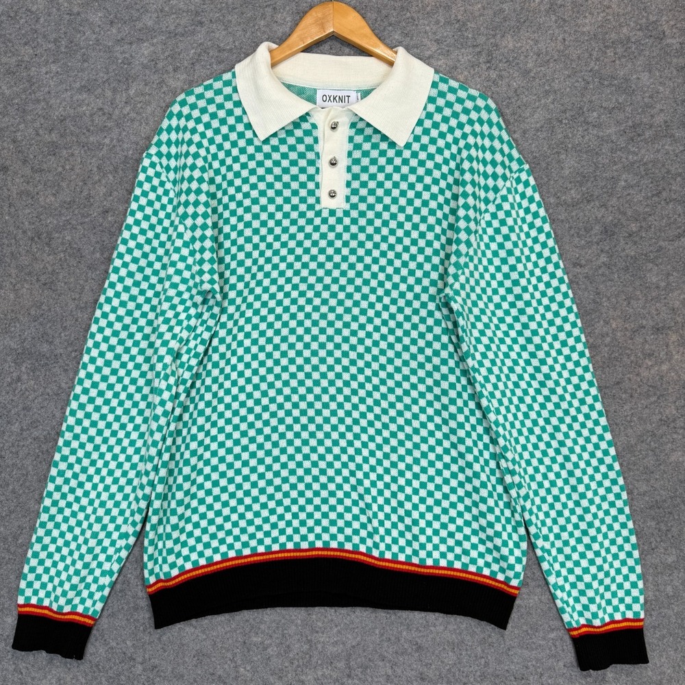 OXKnit Polo Sweater Shirt Mens Large Retro Knitted Checkboard Jazquard 60s 70s